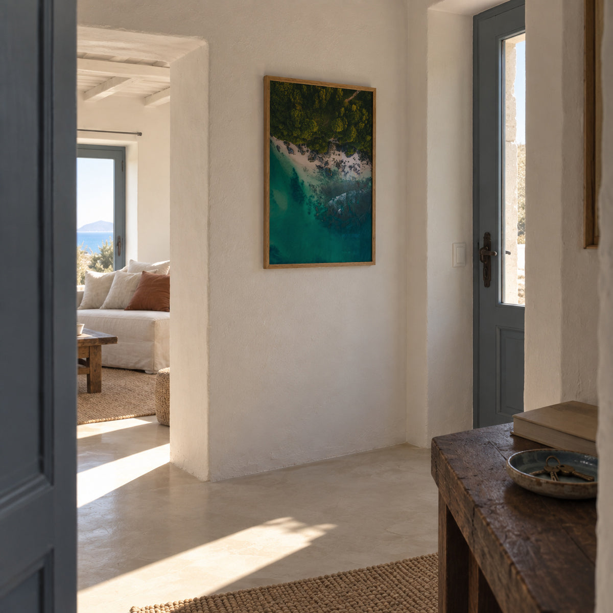 Rocky seaside airview - Framed poster in an interior
