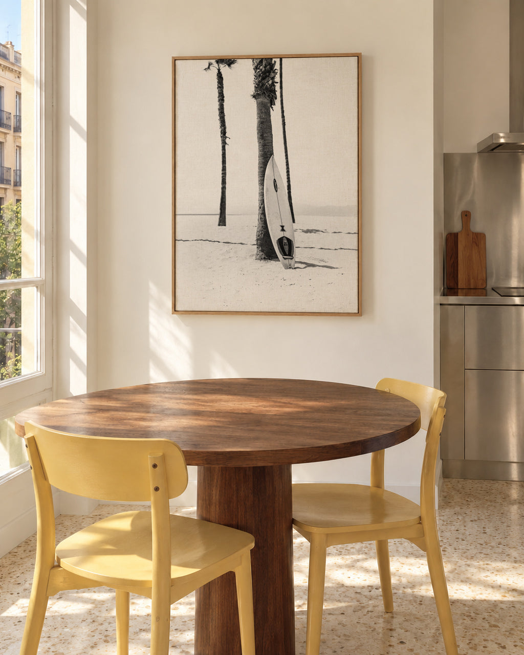 Surfboard BW - Framed canvas in an interior