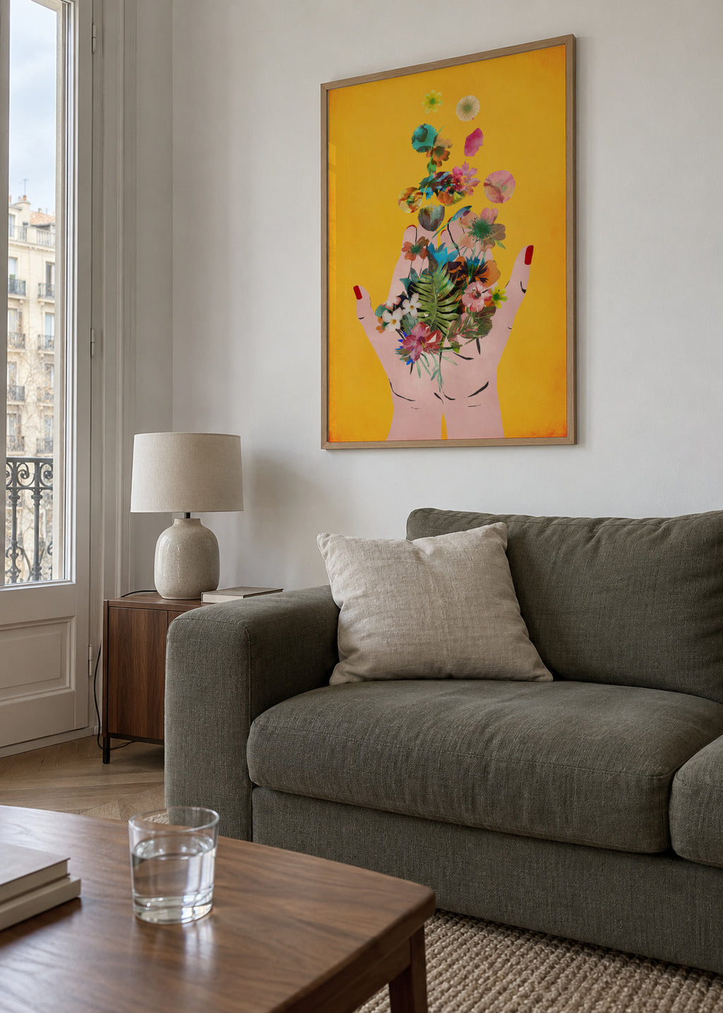Fridas hands yellow - Framed poster in an interior