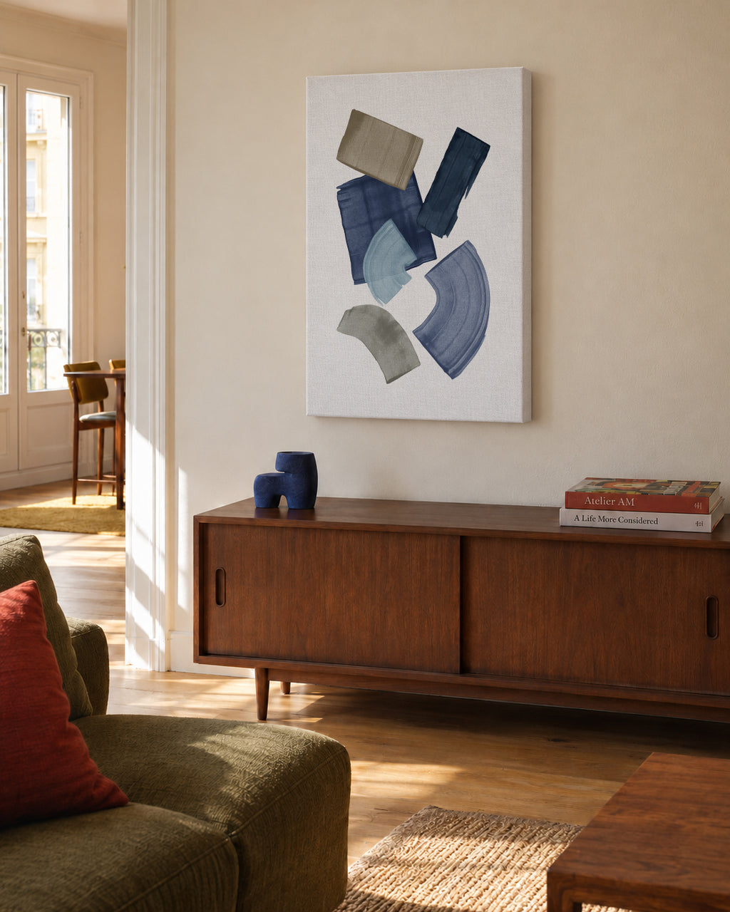 Blue & Brown Paint Blocks - Unframed canvas in an interior
