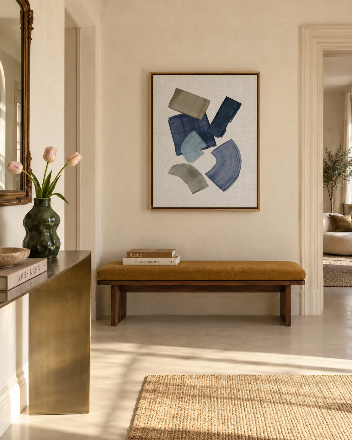 Blue & Brown Paint Blocks - Framed canvas in an interior