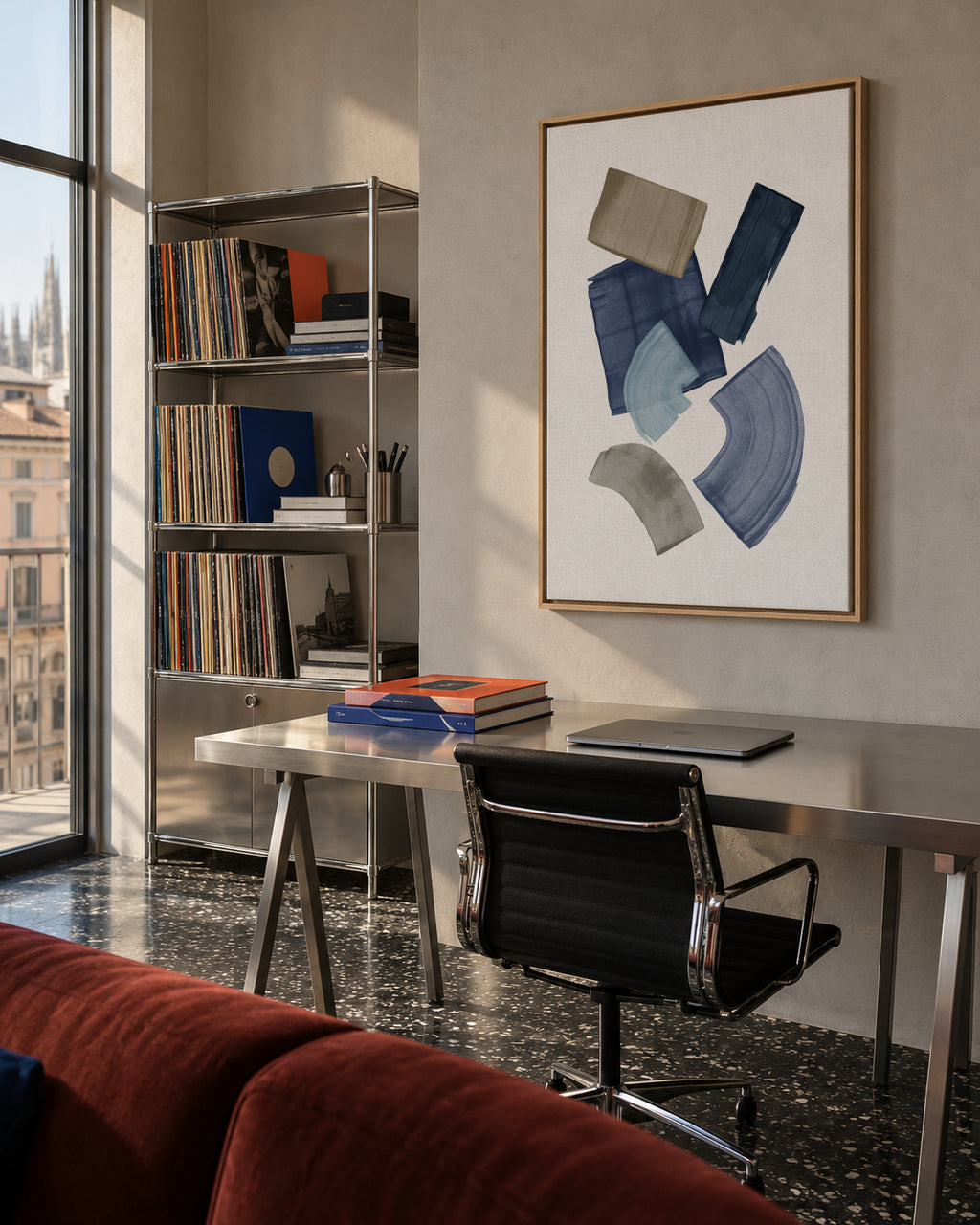 Blue & Brown Paint Blocks - Framed canvas in an interior