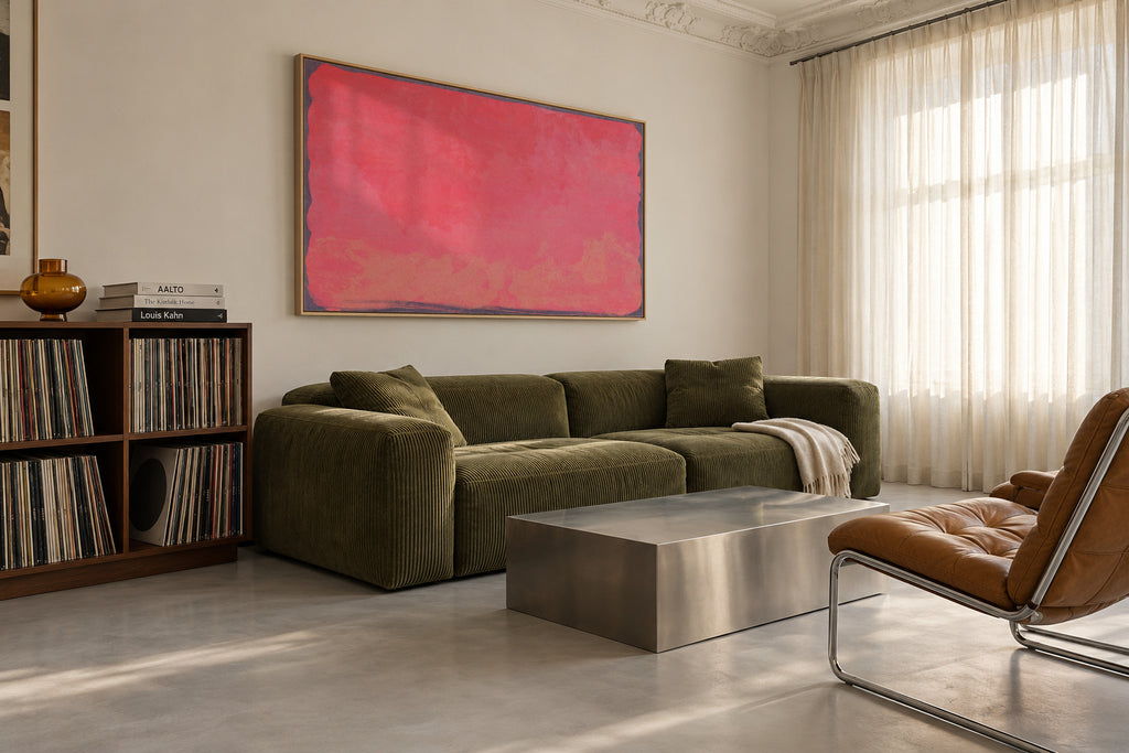 Minimal Abstract Fuschia Colorfield Painting 01 - Framed canvas in an interior