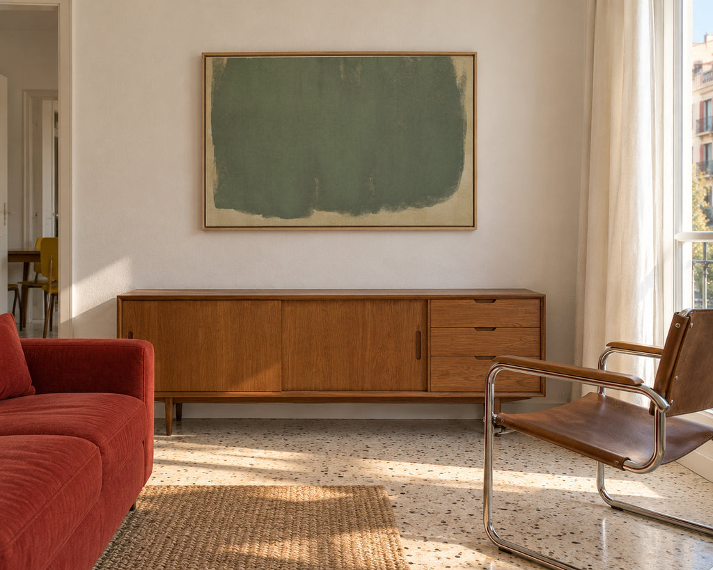 Minimal Abstract Green Colorfield Painting 01 - Framed canvas in an interior