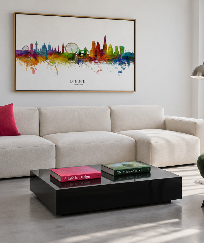 London Skyline multicolor - Framed canvas in an interior
