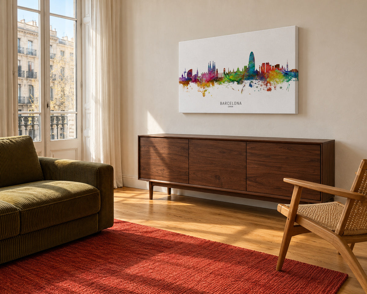 Barcelona Skyline multicolor - Unframed canvas in an interior