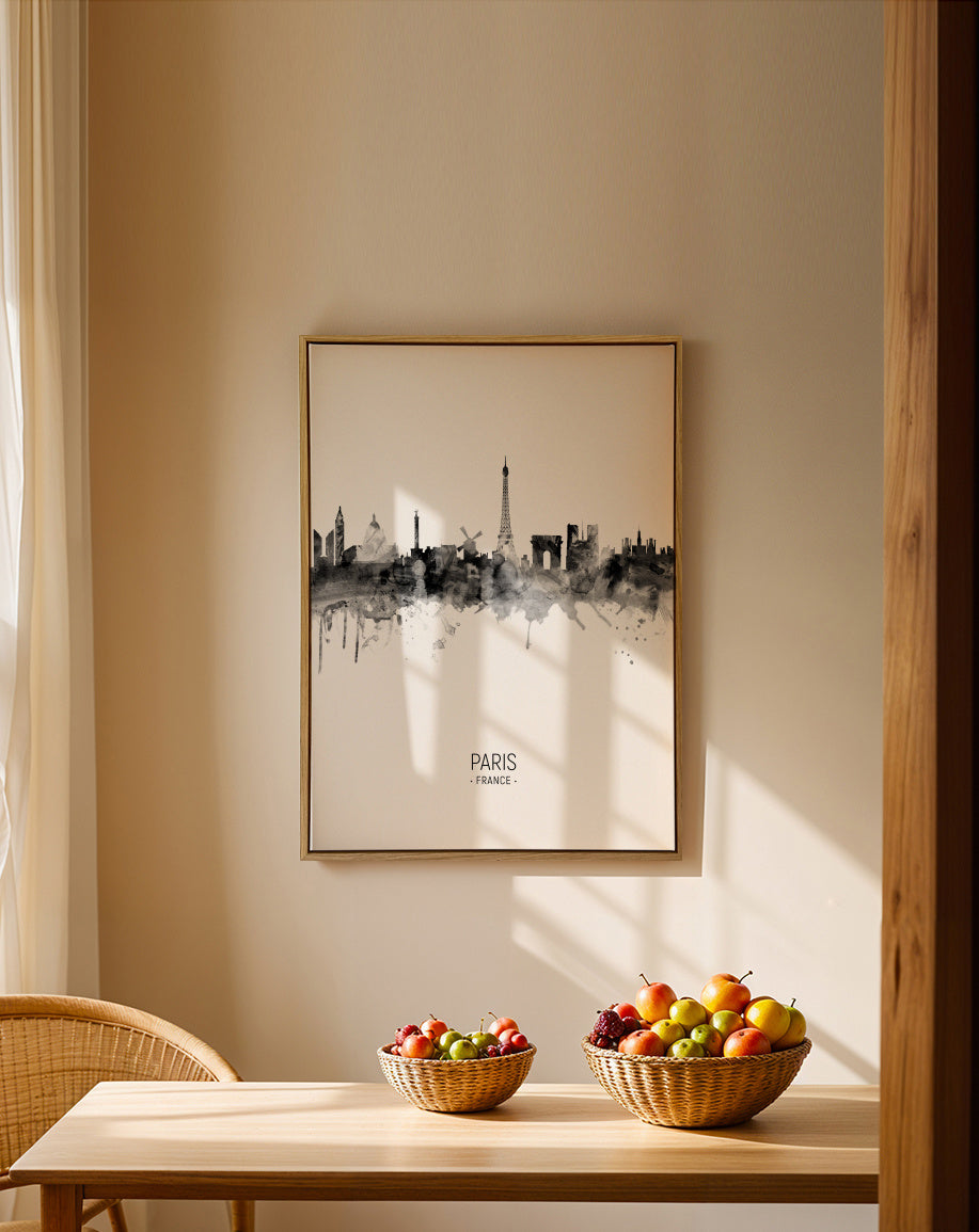 Paris Skyline en blanco y negro - Framed canvas in an interior