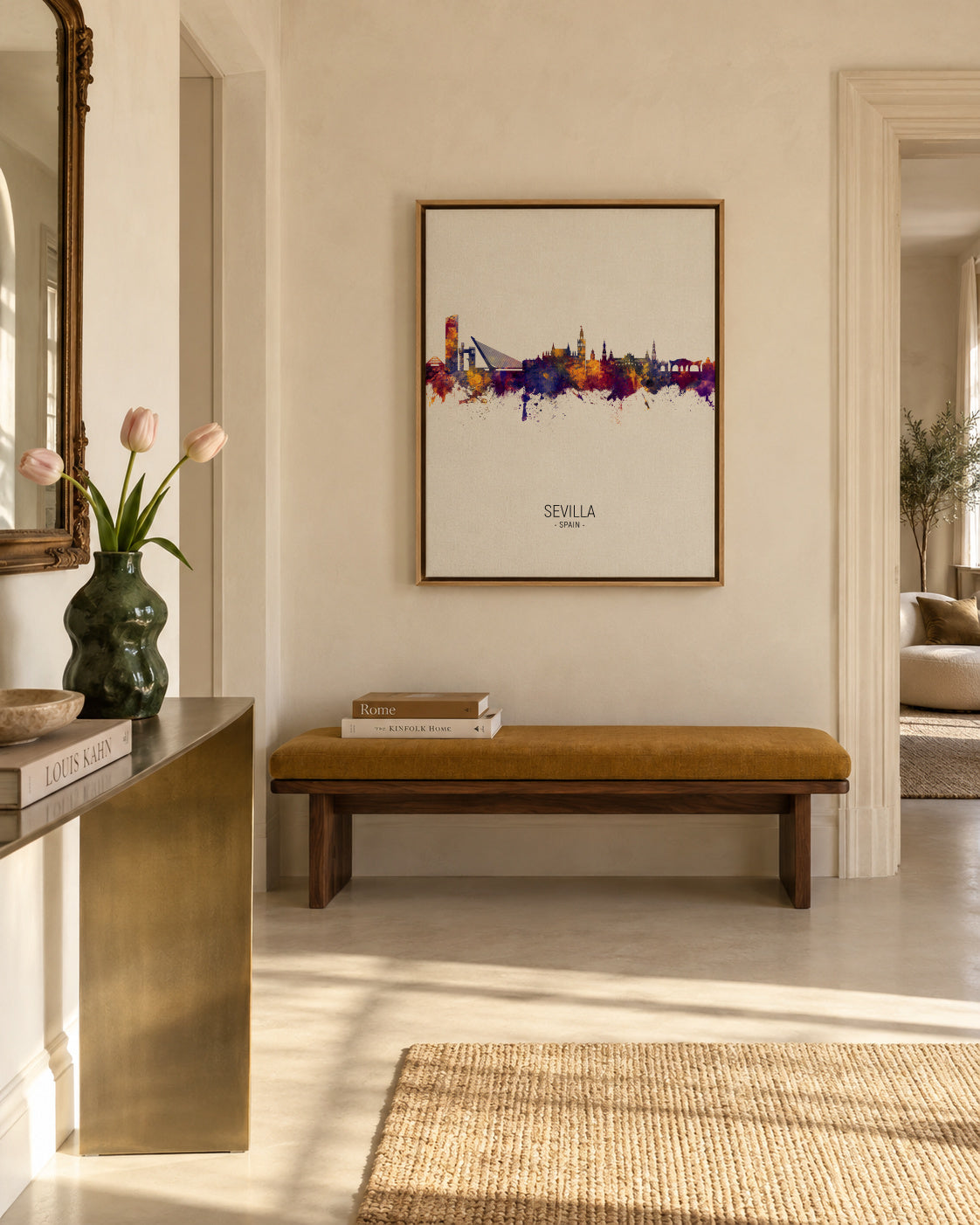 Sevilla Skyline en beige - Framed canvas in an interior