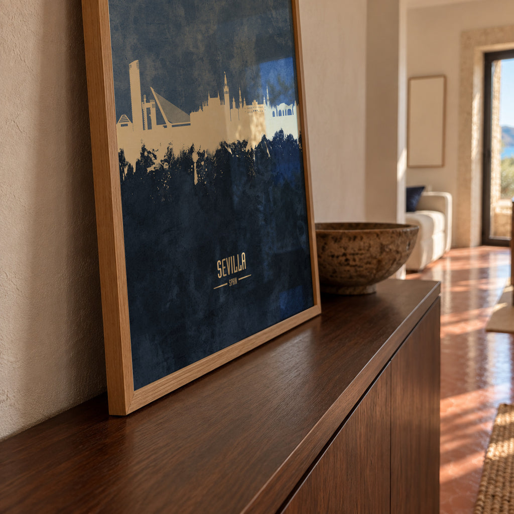 Sevilla Skyline Azul - Framed poster in an interior