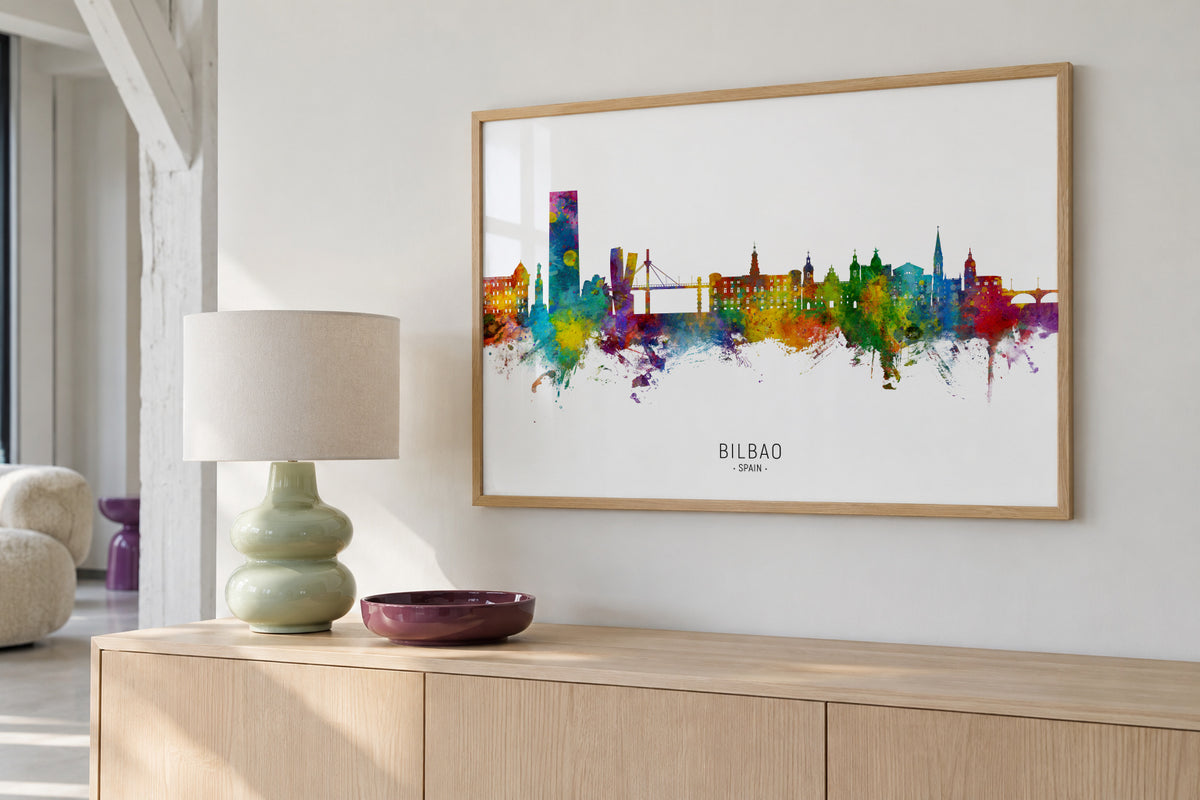 Bilbao Skyline multicolor - Framed poster in an interior