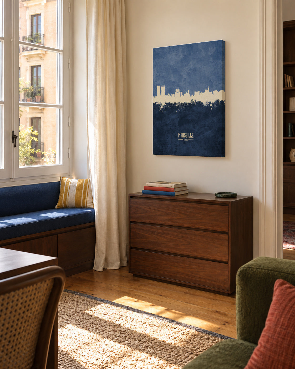 Marseille Skyline azul - Unframed canvas in an interior