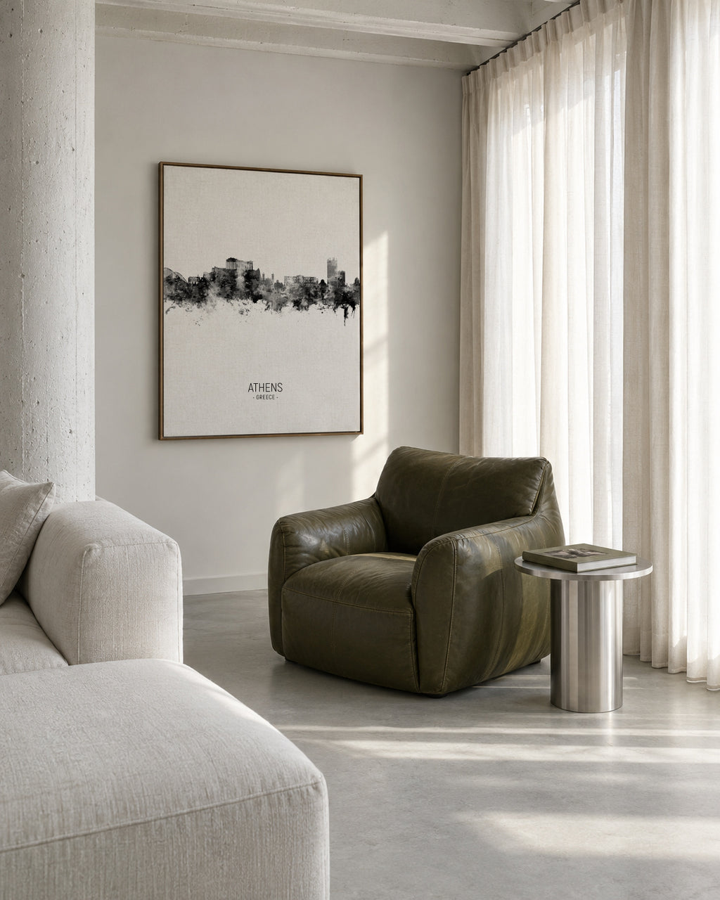 Athens Skyline blanco y negro - Framed canvas in an interior