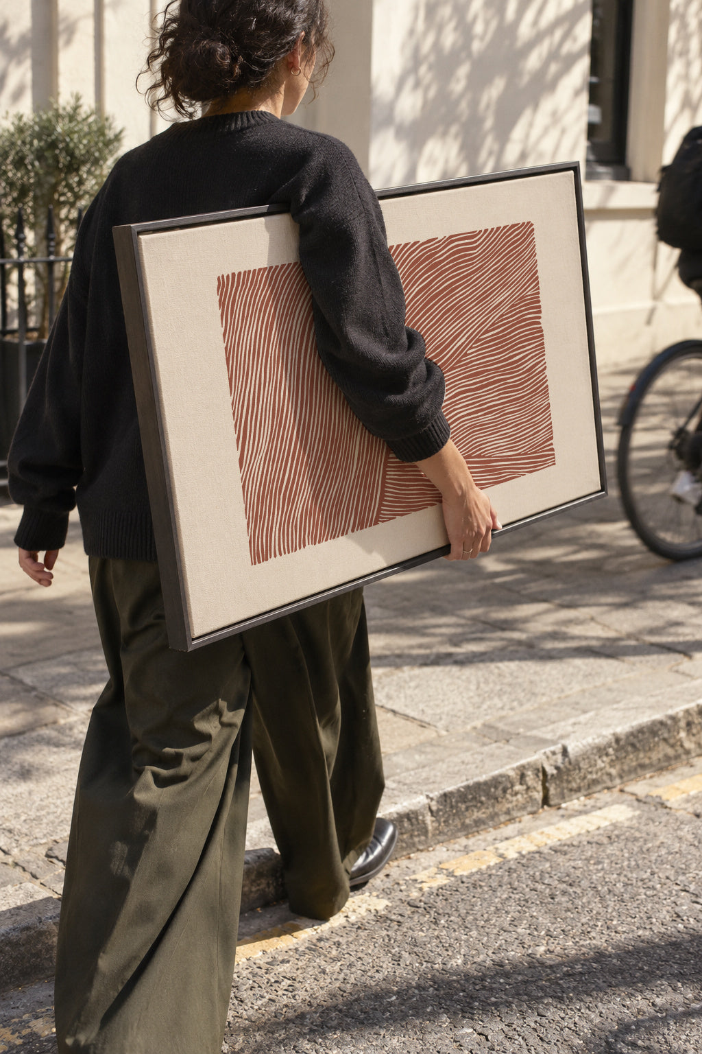 Stripes linocut Nº5 - Terracotta - Framed canvas in an interior