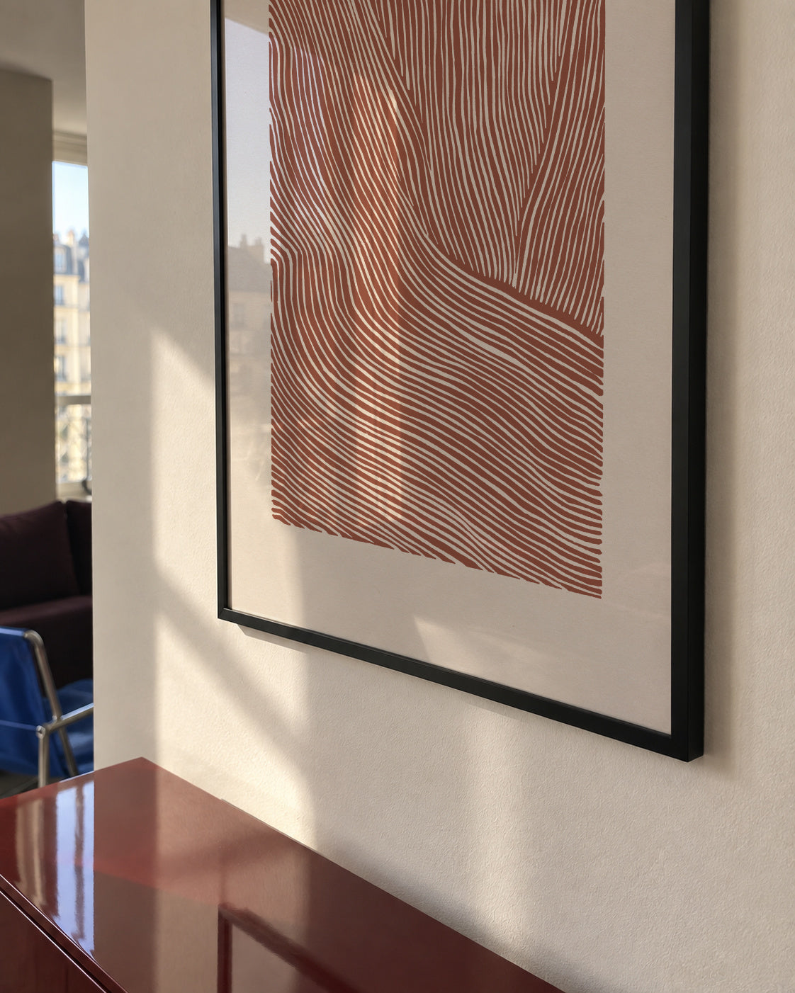 Stripes linocut Nº5 - Terracotta - Framed poster in an interior