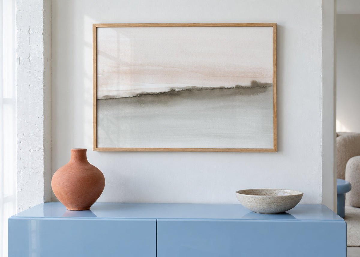 Abstract watercolor landscape in coral and sepia - Framed poster in an interior