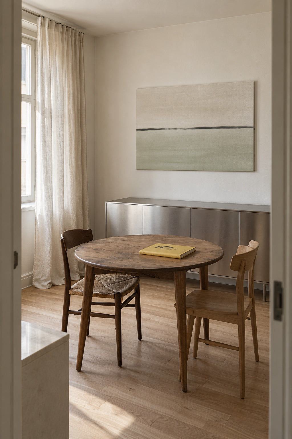 Minimalist horizon in soft olive green and sepia - Unframed canvas in an interior