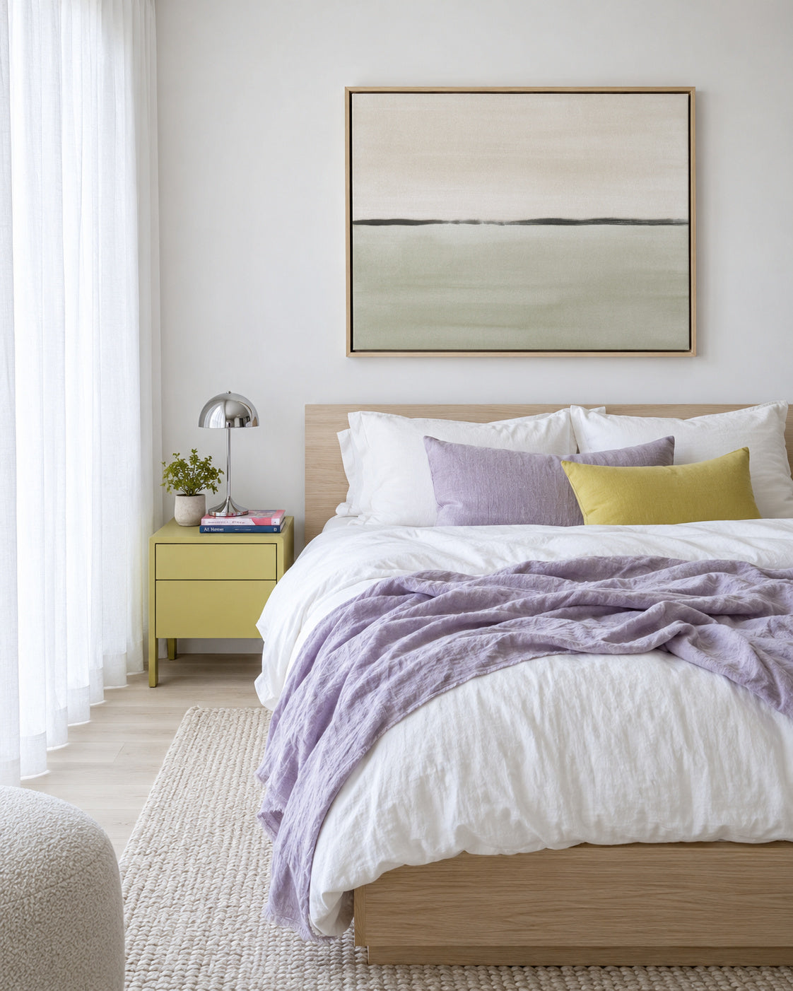 Minimalist horizon in soft olive green and sepia - Framed canvas in an interior
