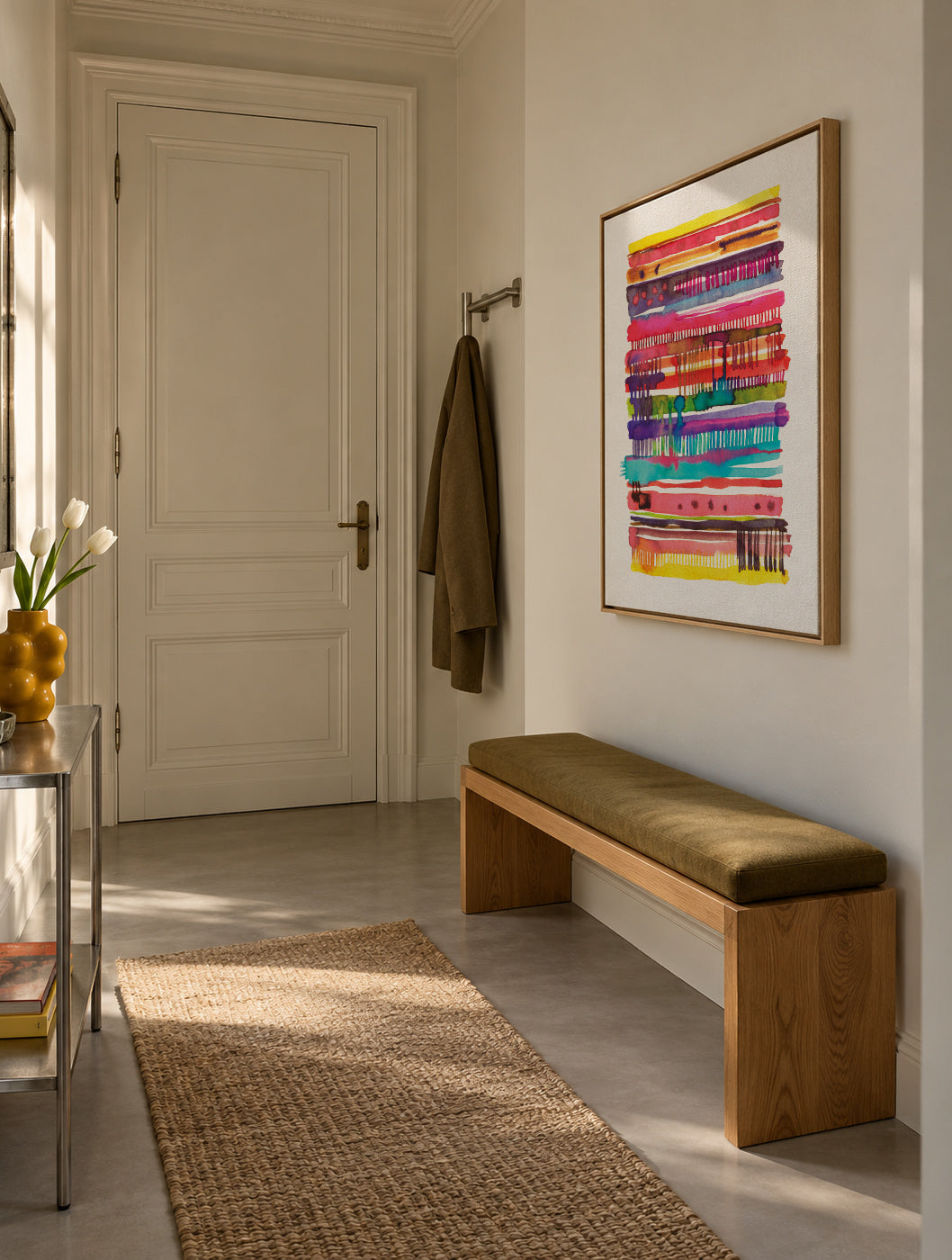 Watercolor Boho Nomadic Lines 2 - Framed canvas in an interior