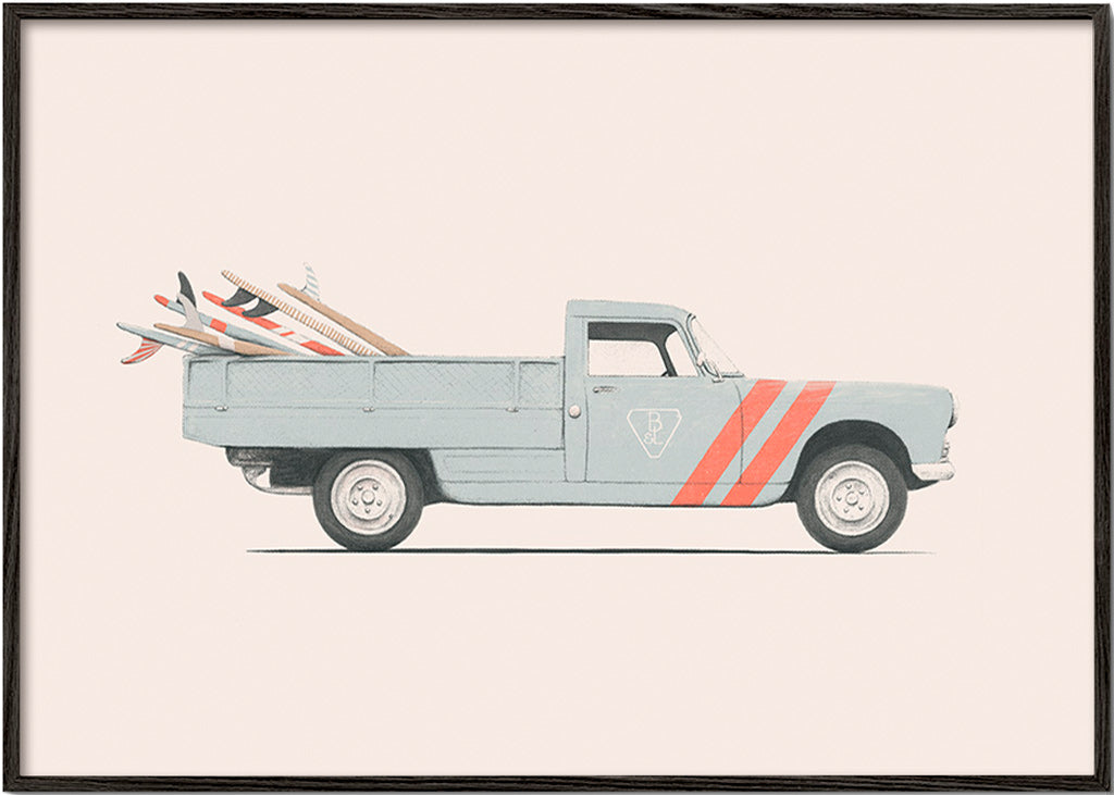 Vintage-Druck Pickup mit Surfbrettern