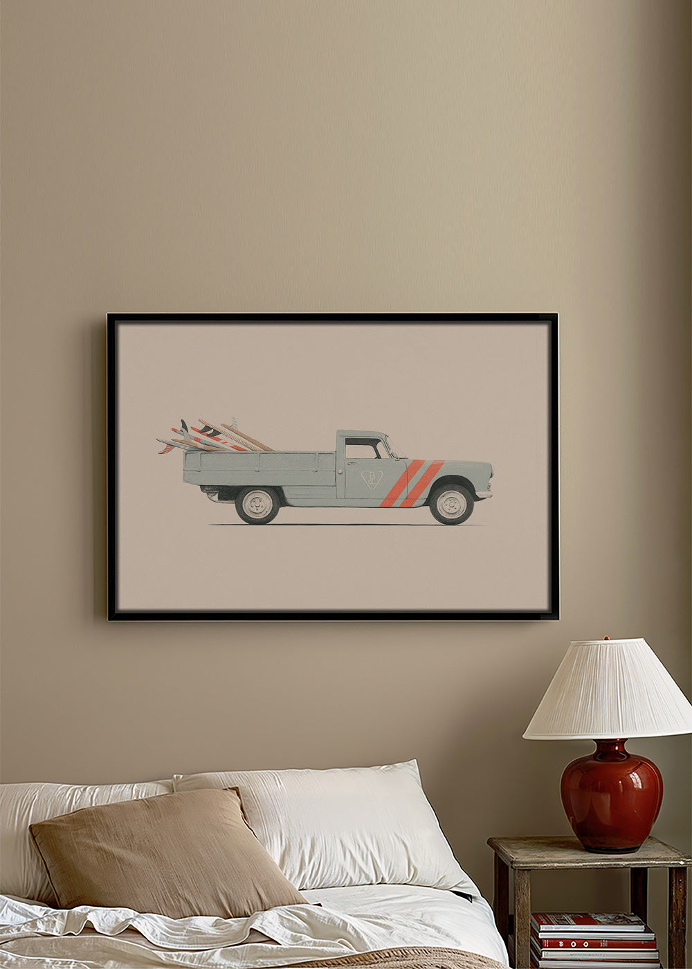 Vintage-Druck Pickup mit Surfbrettern