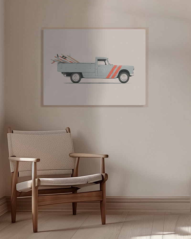 Vintage-Druck Pickup mit Surfbrettern
