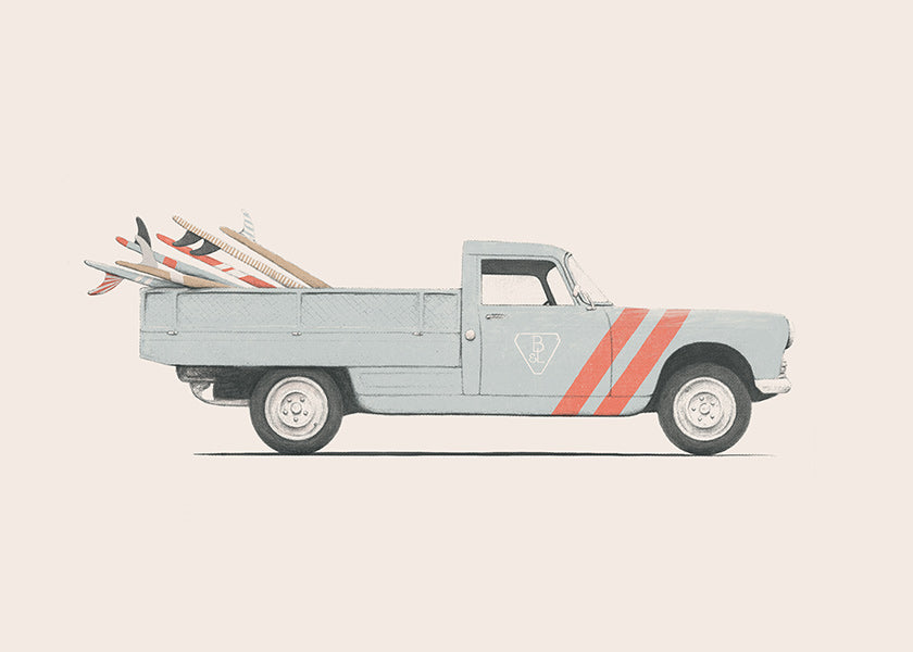Vintage-Druck Pickup mit Surfbrettern