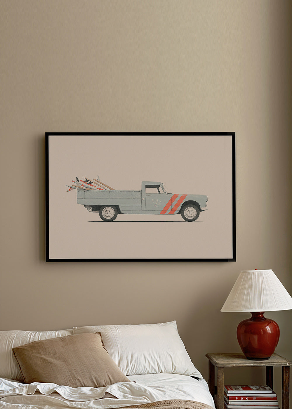 Vintage-Druck Pickup mit Surfbrettern