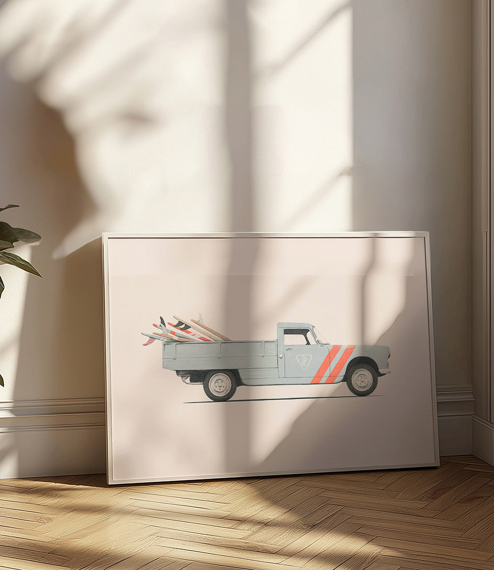 Vintage-Druck Pickup mit Surfbrettern