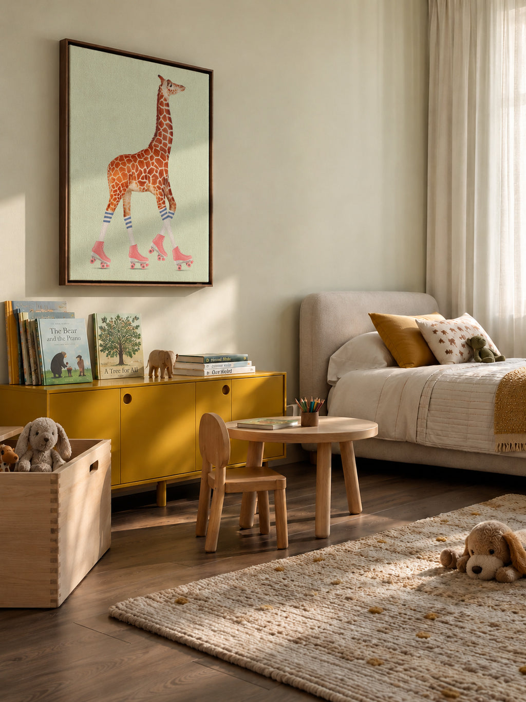 Rollerskating Giraffe - Framed canvas in an interior