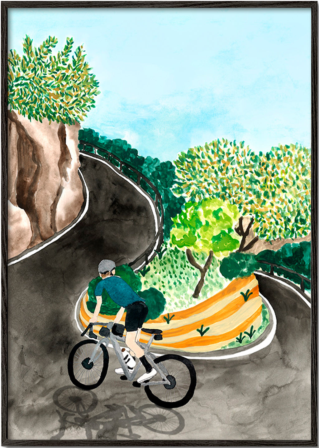 Landschaftsbild mit Radfahrer in Bergkurve