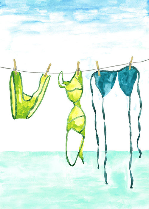 Illustration: Bikinis am Strand aufgehängt