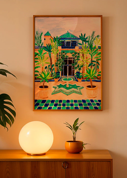 Botanischer Druck Innenhof mit Brunnen und Fliesen