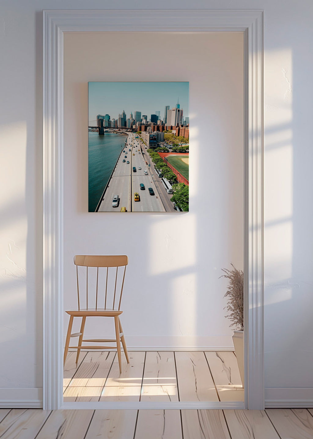 Küchenkunst: Skyline und Brücke aus der Höhe – Canvas