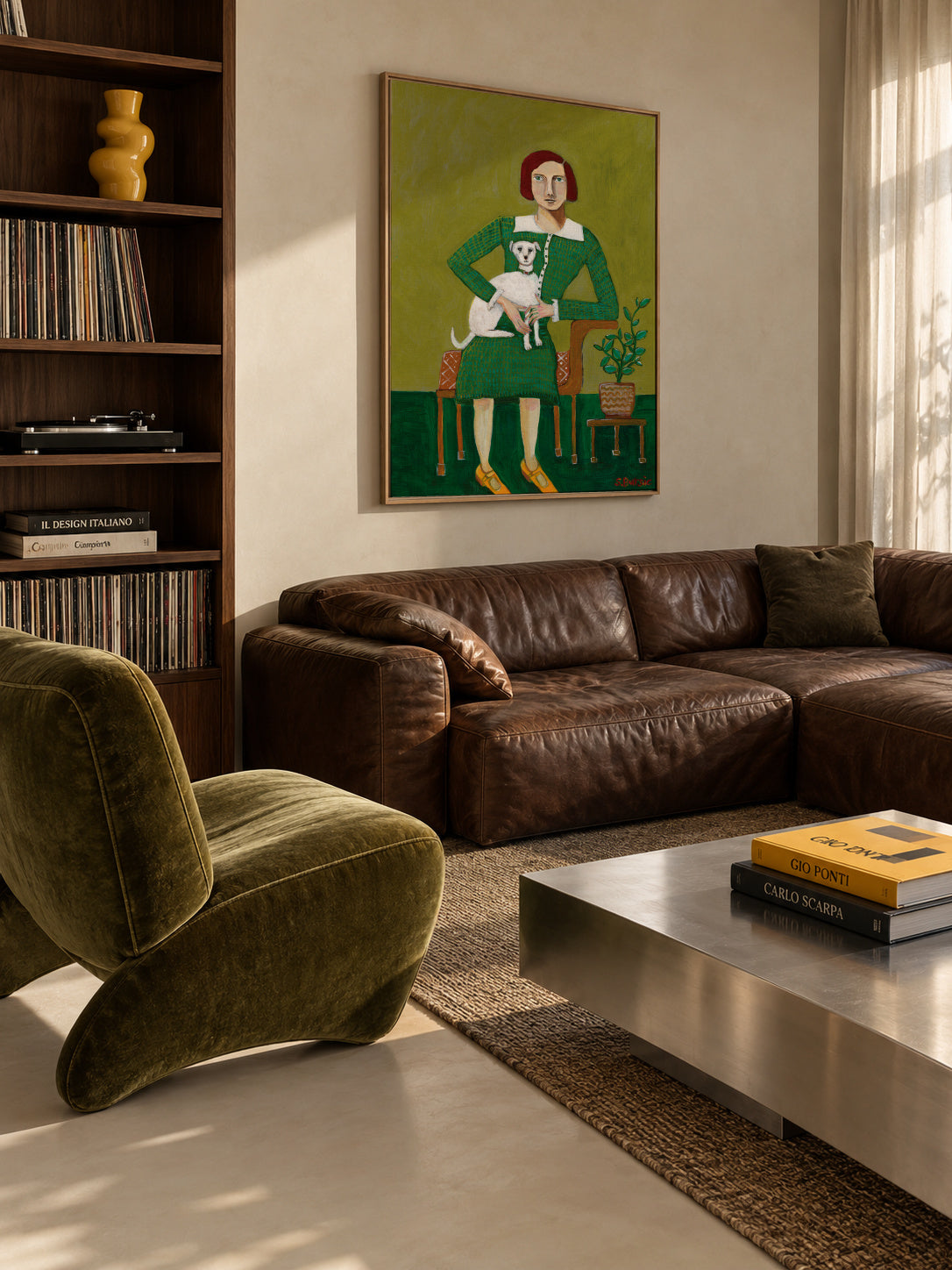 Vintage Lady with her white dog - Framed canvas in an interior