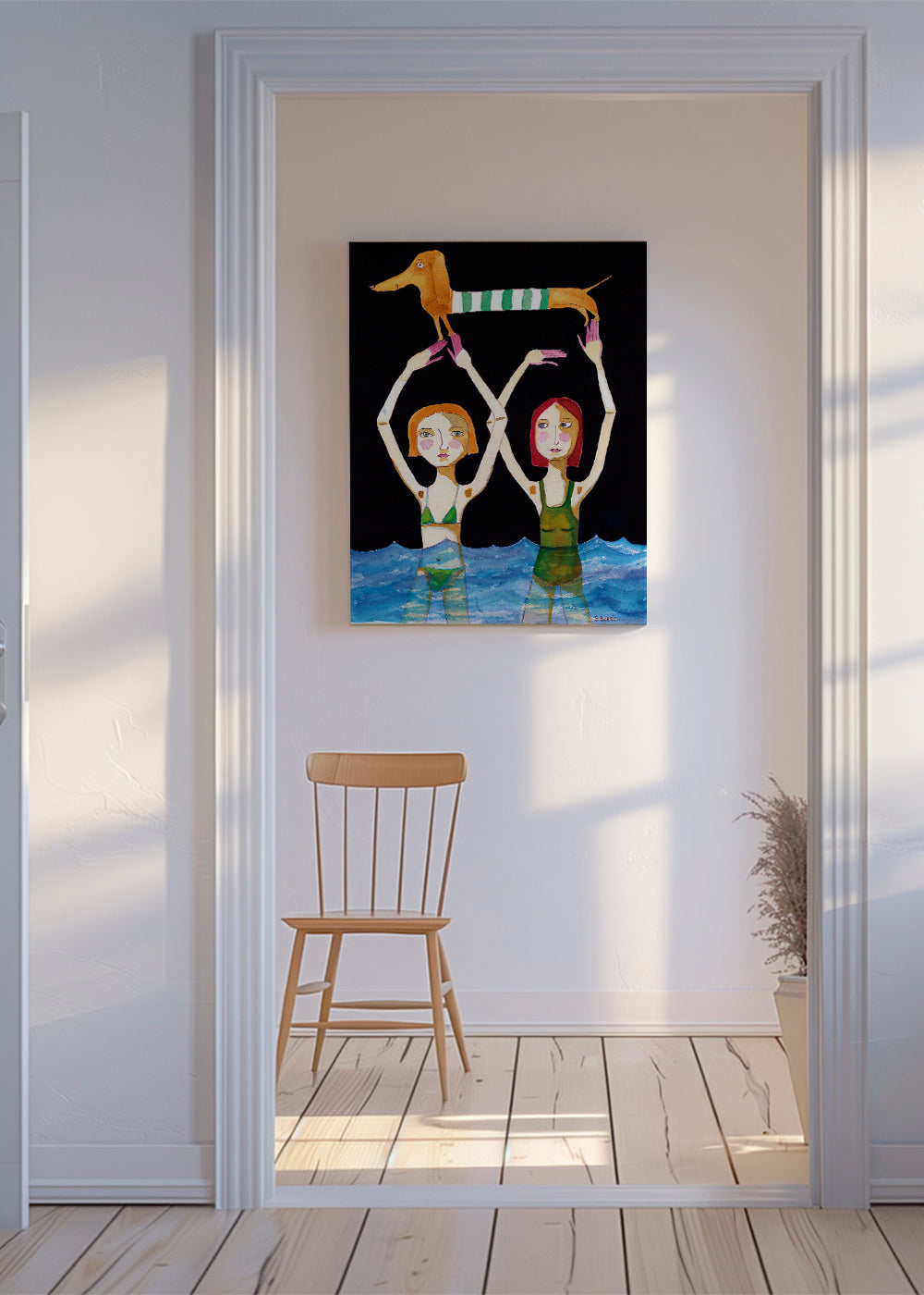 Swimming Girls with Sausage Dog - Sharyn Bursic