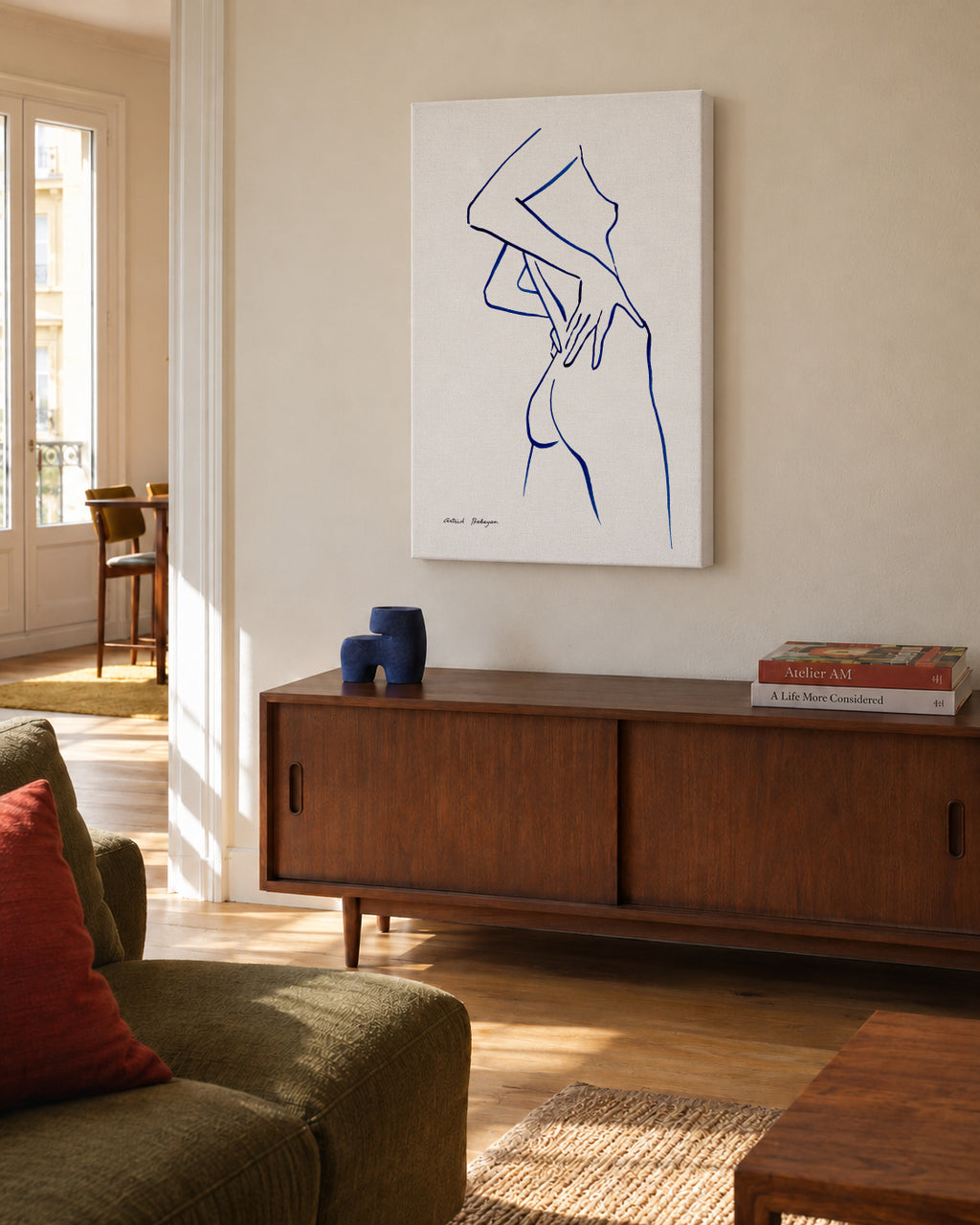 Blue line #1 - Unframed canvas in an interior