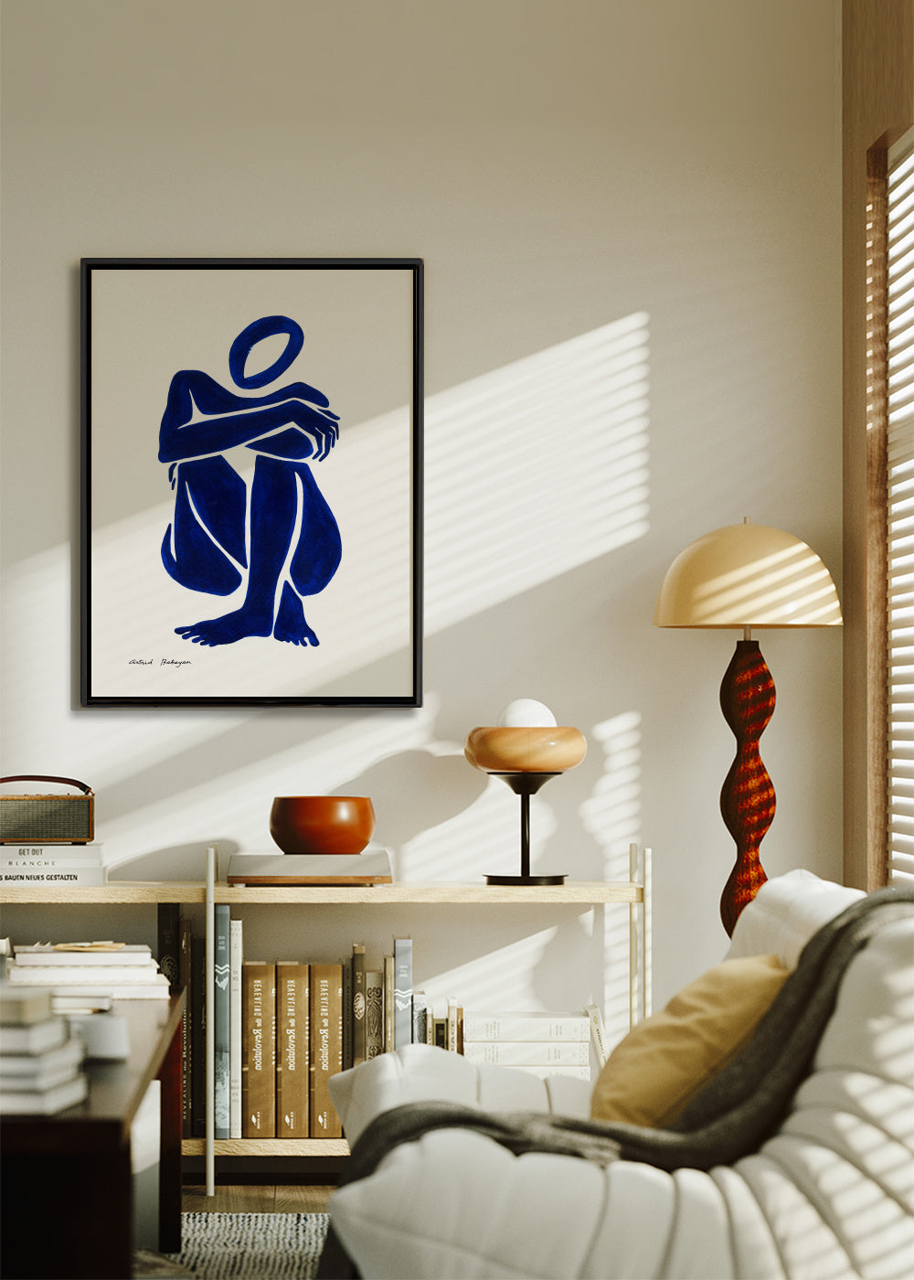 Blue figure #1 - Framed canvas in an interior