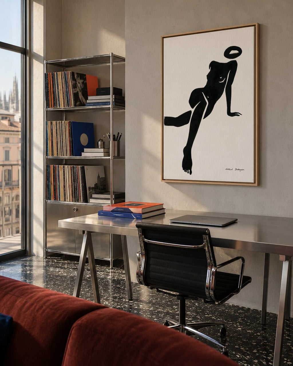 Black figure #1 - Framed canvas in an interior