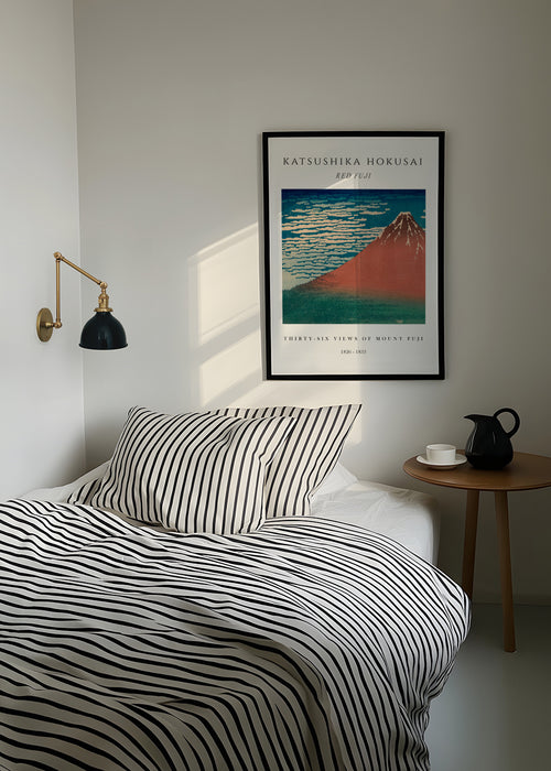 Red Fuji Exhibition White - Katsushika Hokusai - Framed poster in an interior