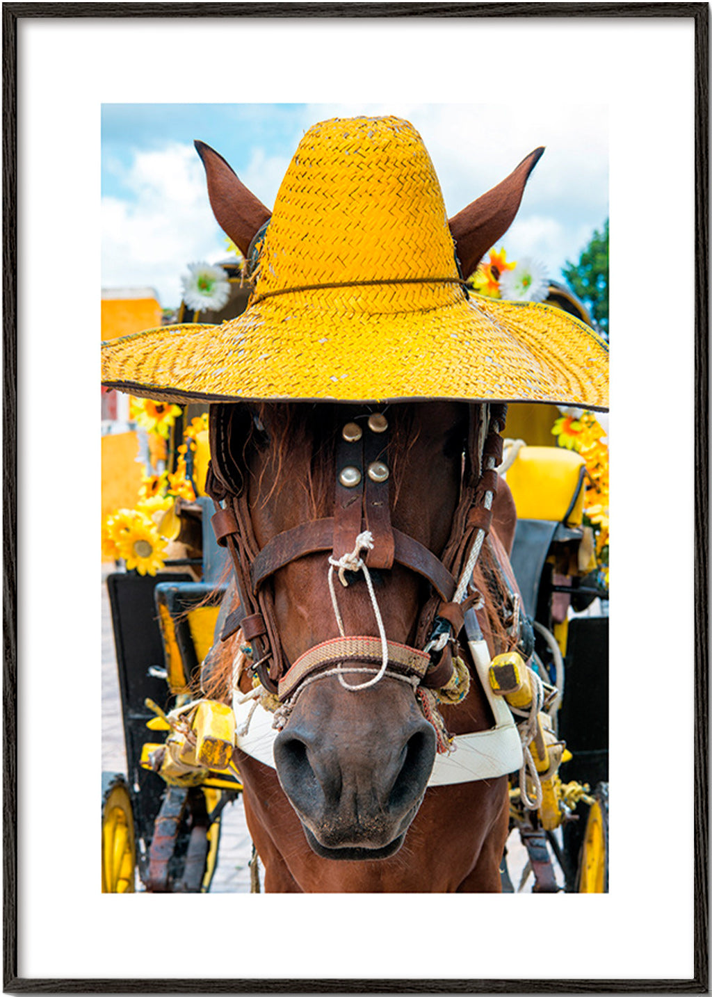 Pferd mit gelbem Hut – Black Frame