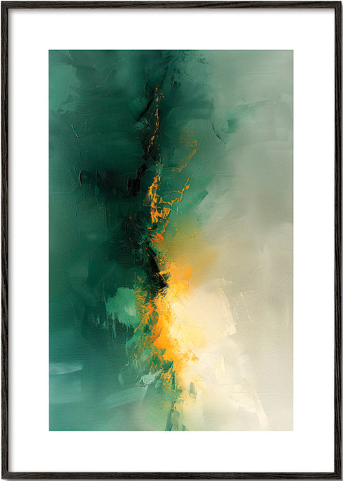 Abstraktes Bild Grün und Gold - Dämmerung – Black Frame