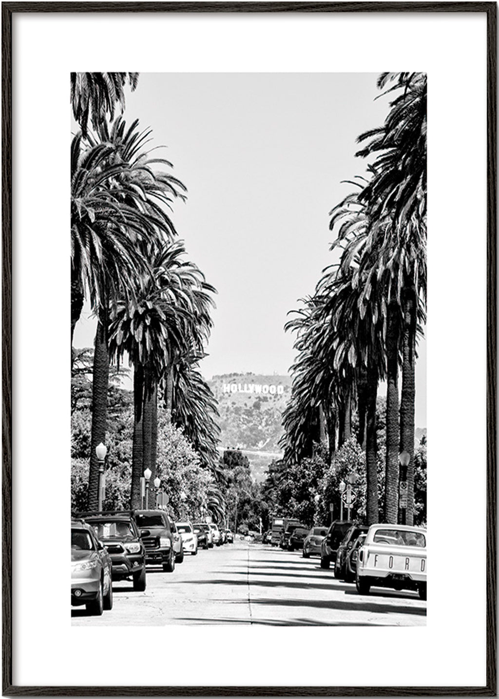 Reiseplakat Hollywood Palmenstraße in Schwarzweiß – Black Frame