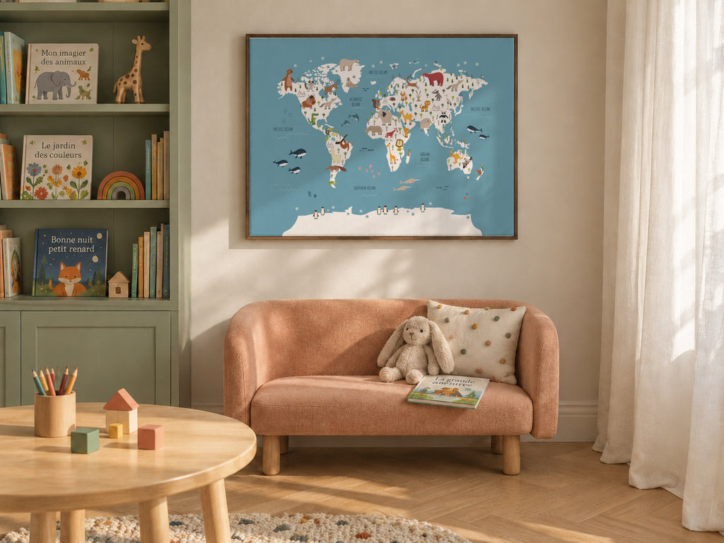 World Map with animals blue - Framed canvas in an interior