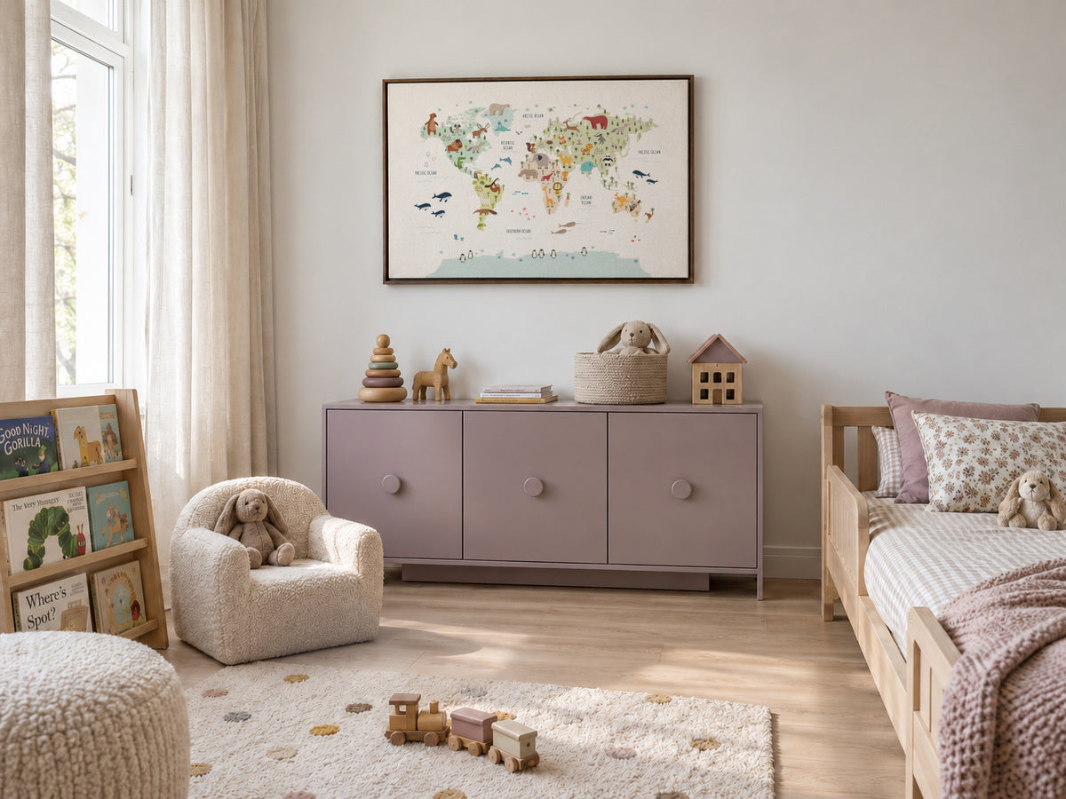 World Map with animals colours - Framed canvas in an interior