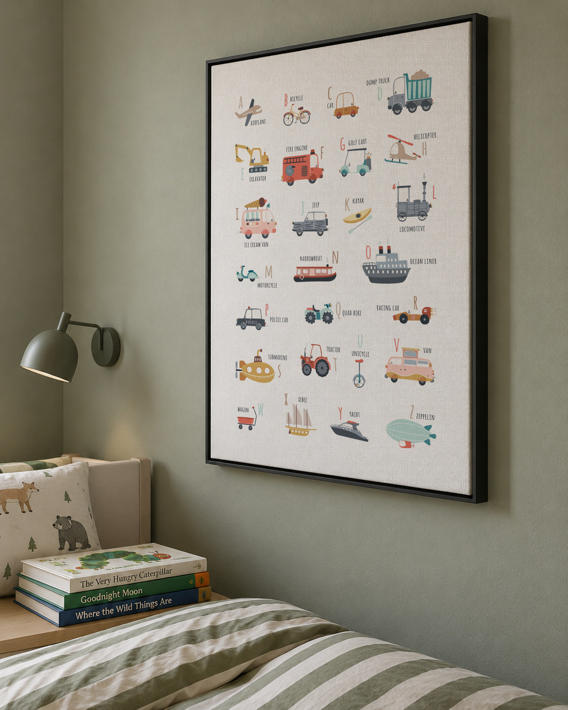 Alphabet transports (English) - Framed canvas in an interior