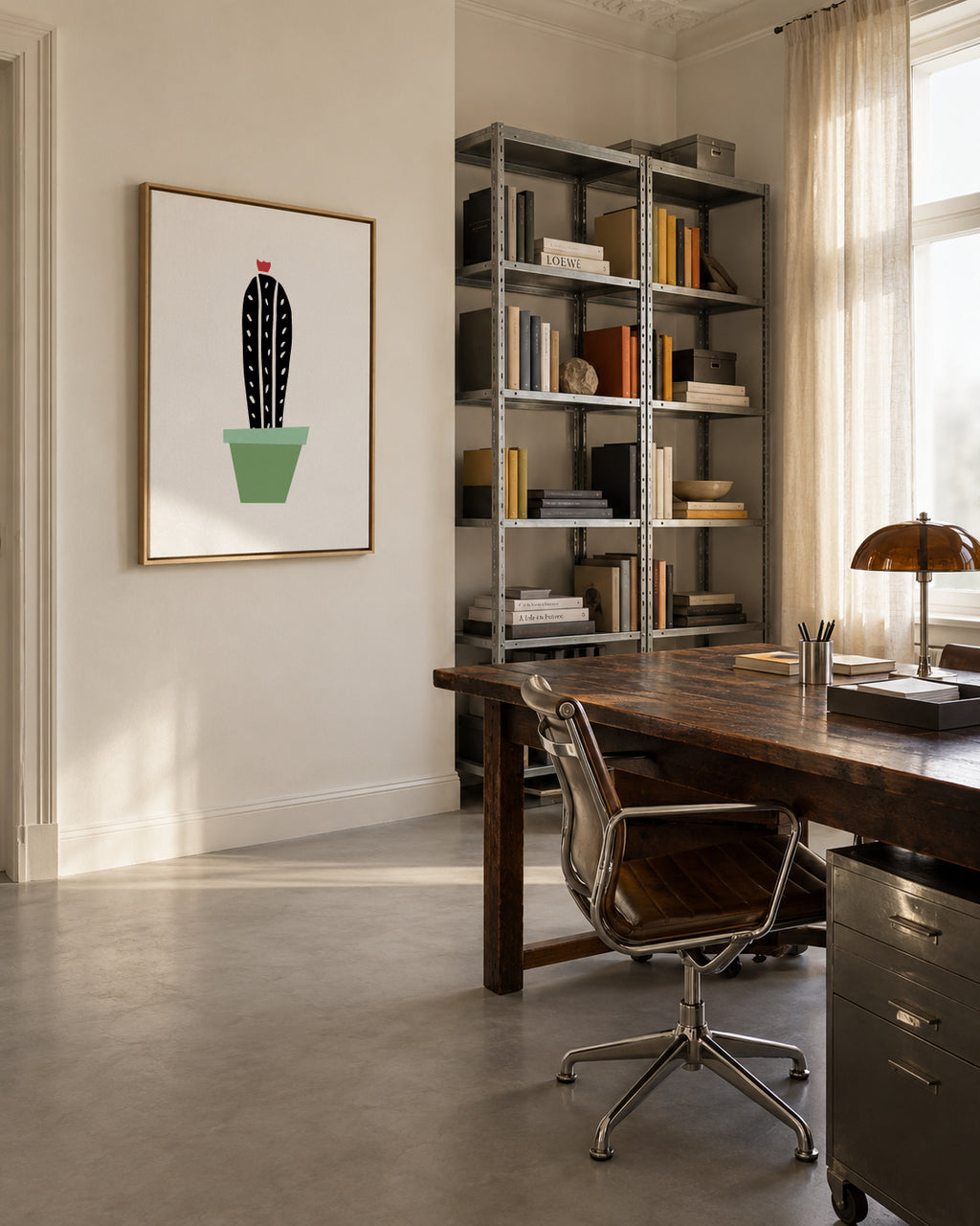 Green pot cactus print - Framed canvas in an interior