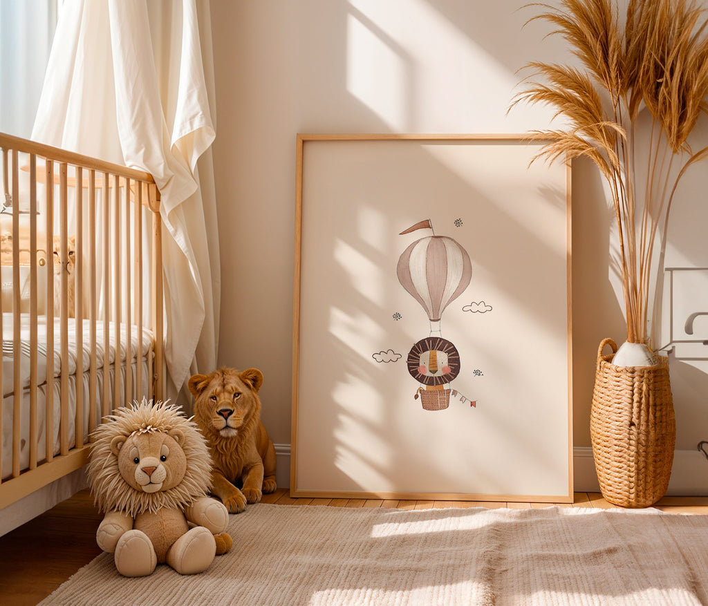 Kinderbild: Löwe im Heißluftballon