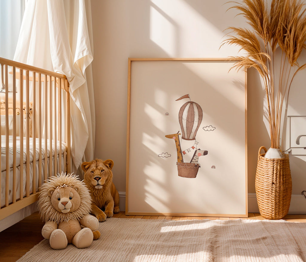 Kinderbild: Giraffe und Elefant im Heißluftballon