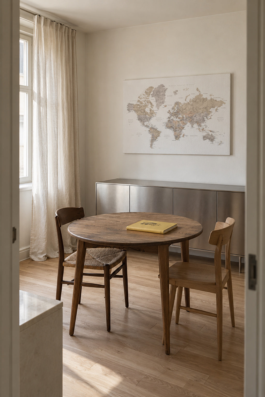 Detailed taupe watercolor world map with labels in Spanish, Abey - Unframed canvas in an interior