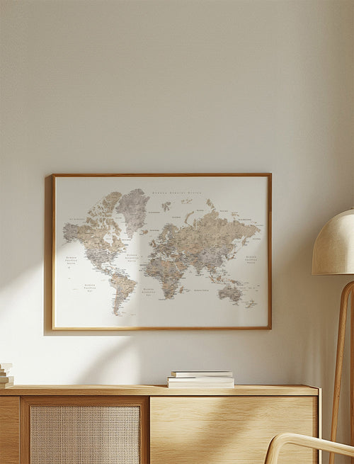 Detailed taupe watercolor world map with labels in Spanish, Abey